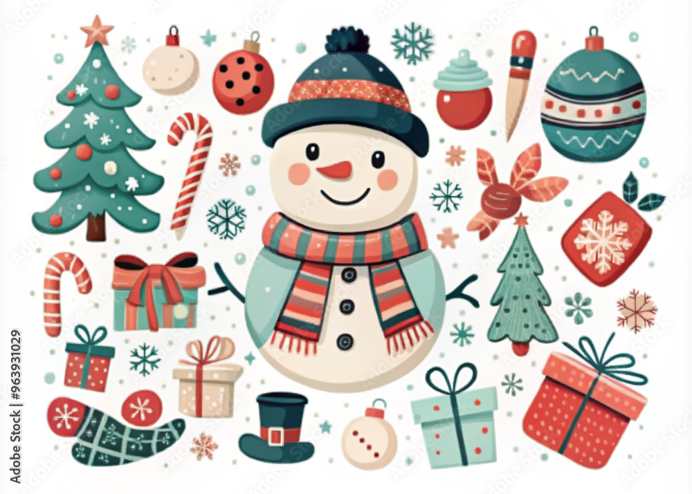 Cute Christmas illustration featuring a snowman with festive decorations and gifts
Cute Christmas illustration featuring a snowman with festive decorations and gifts