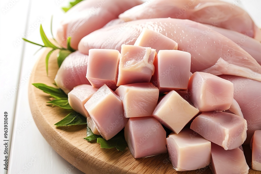 a raw chicken fillet, skillfully cut into uniform cubes a raw chicken fillet, skillfully cut into uniform cubes