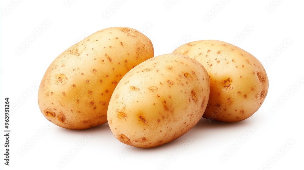 Three fresh, unpeeled potatoes with light brown skin and small eyes, perfect for cooking or illustrating healthy food concepts. Three fresh, unpeeled potatoes with light brown skin and small eyes, perfect for cooking or illustrating healthy food concepts.