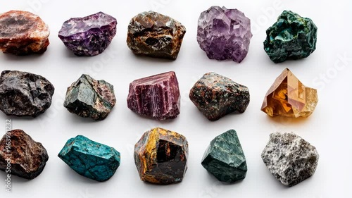 Explore the vibrant colors and textures of various gemstones and minerals arranged in a stunning display