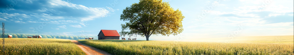 Idyllic Countryside Farm Scene with Grazing Animals under Bright Sky | Rural Landscape Photography Idyllic Countryside Farm Scene with Grazing Animals under Bright Sky | Rural Landscape Photography