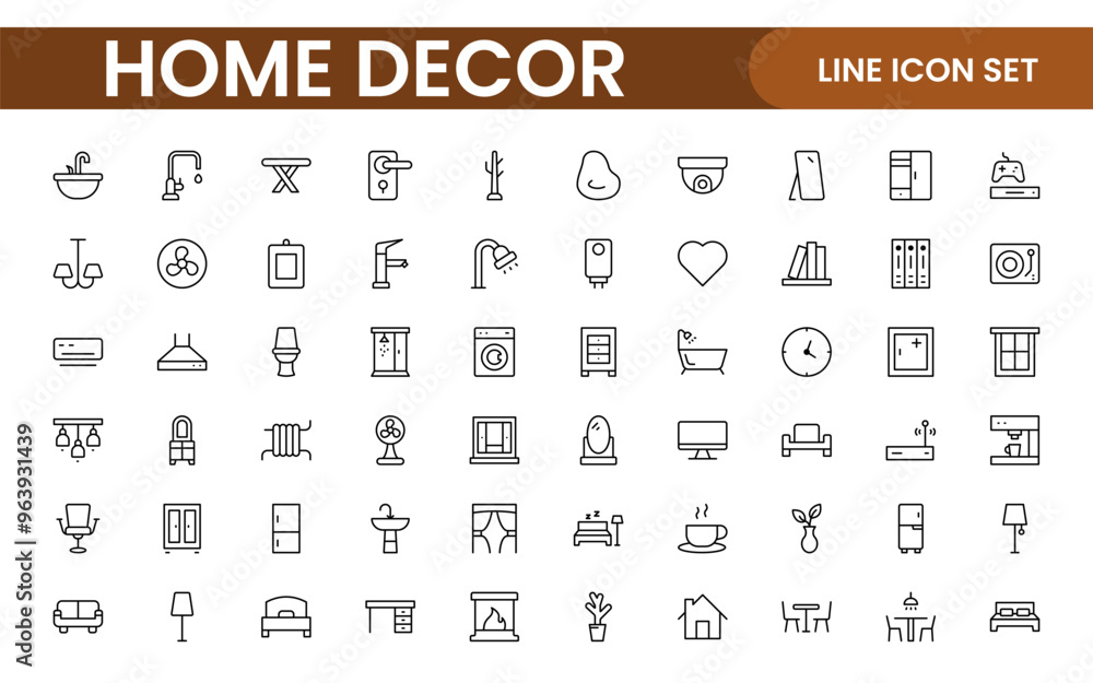 Elegant Interior and Home Decor Icons: A Stylish Set for Designing, Decorating, Renovating, and Enhancing Home Interiors with Visual Appeal Elegant Interior and Home Decor Icons: A Stylish Set for Designing, Decorating, Renovating, and Enhancing Home Interiors with Visual Appeal