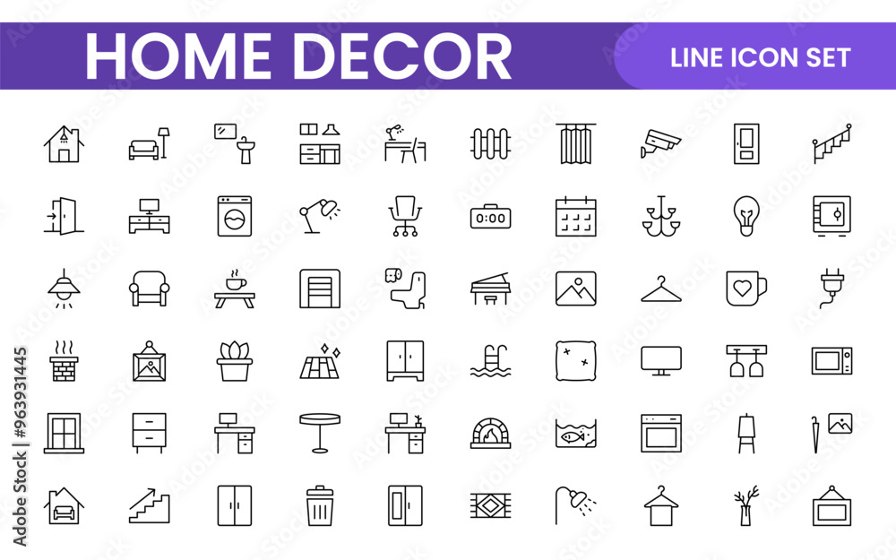 Elegant Interior and Home Decor Icons: A Stylish Set for Designing, Decorating, Renovating, and Enhancing Home Interiors with Visual Appeal Elegant Interior and Home Decor Icons: A Stylish Set for Designing, Decorating, Renovating, and Enhancing Home Interiors with Visual Appeal