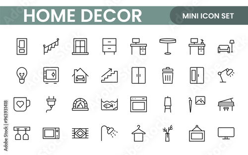 Elegant Interior and Home Decor Icons: A Stylish Set for Designing, Decorating, Renovating, and Enhancing Home Interiors with Visual Appeal