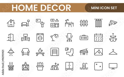 Elegant Interior and Home Decor Icons: A Stylish Set for Designing, Decorating, Renovating, and Enhancing Home Interiors with Visual Appeal