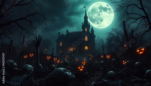 Haunted Mansion Under Full Moon: A chillingly atmospheric image captures a dark, ominous haunted mansion under a full moon, surrounded by a horde of spooky, pumpkin-headed zombies. The scene is both e photo