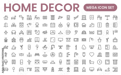 Elegant Interior and Home Decor Icons: A Stylish Set for Designing, Decorating, Renovating, and Enhancing Home Interiors with Visual Appeal