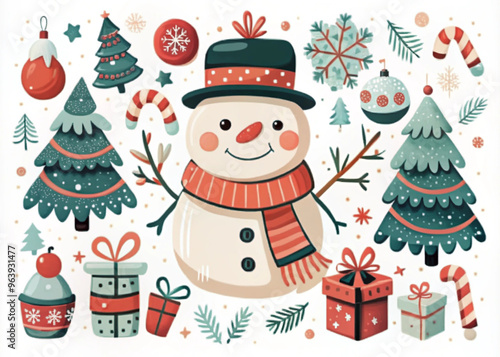 Cute Christmas illustration featuring a snowman with festive decorations and gifts

