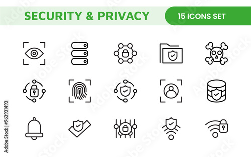 Set of Security web icons in line style. Guard, cyber security, password, smart home, safety, data protection, key, shield, lock, unlock, eye access. Security outline icon set.