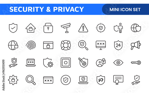 Set of Security web icons in line style. Guard, cyber security, password, smart home, safety, data protection, key, shield, lock, unlock, eye access. Security outline icon set.