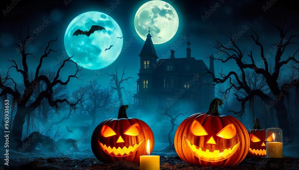 Haunted Halloween Night: A spooky and eerie scene with a haunted house silhouetted against a full moon, surrounded by bare trees and ominous fog. The scene is illuminated by three jack-o-lanterns with Haunted Halloween Night: A spooky and eerie scene with a haunted house silhouetted against a full moon, surrounded by bare trees and ominous fog. The scene is illuminated by three jack-o-lanterns with