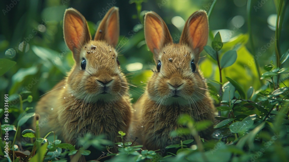 Fototapeta premium Playful Rabbits in a Sunny Meadow