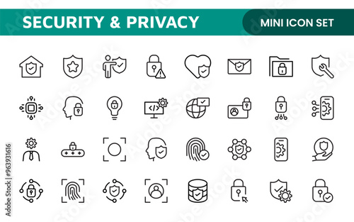 Set of Security web icons in line style. Guard, cyber security, password, smart home, safety, data protection, key, shield, lock, unlock, eye access. Security outline icon set.
