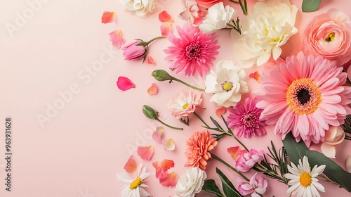  Spring floral composition made of fresh colorful flowers on light pastel background. Festive flower concept with good copy space