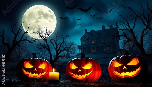 Haunted Halloween Night: Jack-o'-lanterns glow under an eerie full moon, casting an ominous glow on a spooky haunted house in the distance. 