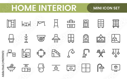 Elegant Interior and Home Decor Icons: A Stylish Set for Designing, Decorating, Renovating, and Enhancing Home Interiors with Visual Appeal