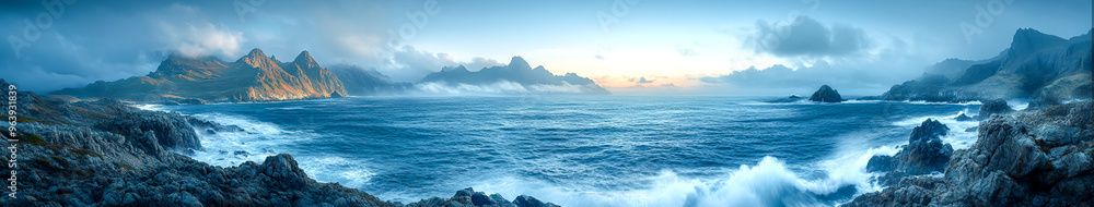Obraz premium Majestic Power of Nature - Rugged Cliffs with Waves Crashing, Hyper-Realistic Landscape Photography 