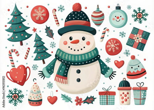 Cute Christmas illustration featuring a snowman with festive decorations and gifts

