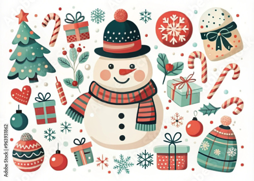 Cute Christmas illustration featuring a snowman with festive decorations and gifts

