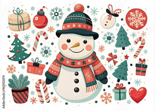 Cute Christmas illustration featuring a snowman with festive decorations and gifts


