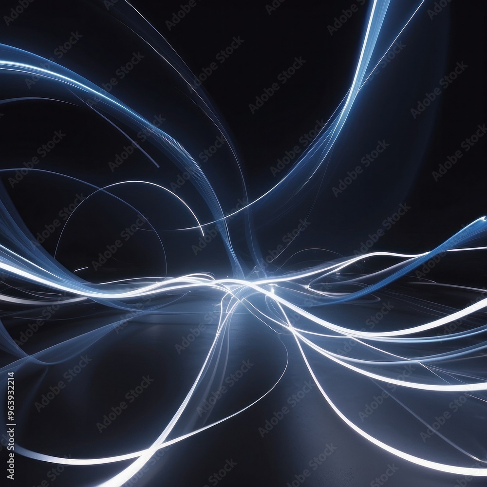 Naklejka premium Abstract light trails in shades of cool blue weave dynamically against black background