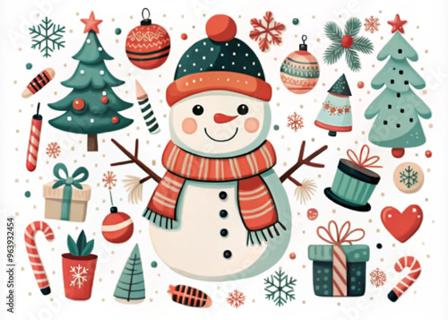 Cute Christmas illustration featuring a snowman with festive decorations and gifts

