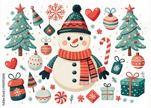 Cute Christmas illustration featuring a snowman with festive decorations and gifts

