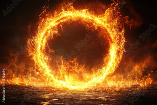 A fiery circle of flames in a dark background. This fiery ring can be used as a background or design element for concepts about heat, power, or destruction.