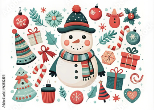 Cute Christmas illustration featuring a snowman with festive decorations and gifts

