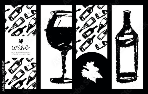 Template wine banners set. Hand-drawn wine bottles pattern seamless. Vector bottles of wine background. Chalk sketches for label, packaging design, wine tasting poster, winery tour brochure design.