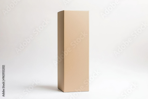 A tall, plain beige box stands upright against a light background, suggesting packaging or storage.