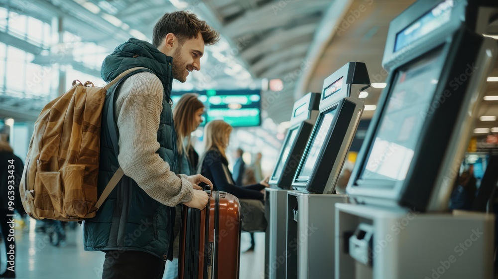 Travelers checking in at an airport kiosk with their luggage Travelers checking in at an airport kiosk with their luggage