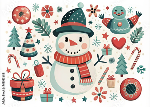 Cute Christmas illustration featuring a snowman with festive decorations and gifts

