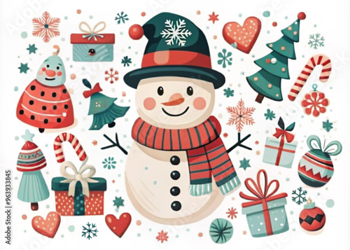Cute Christmas illustration featuring a snowman with festive decorations and gifts


