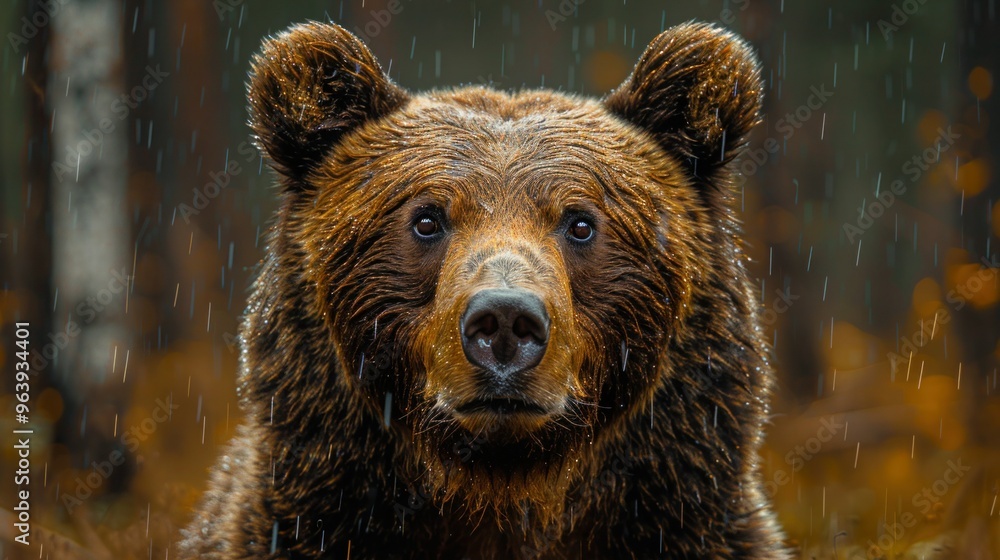 Obraz premium Bear Muzzle in Forest Clearing - Detailed Close-Up Portrait of Wild Animal with Fisheye Effect for Postcard Cover Design