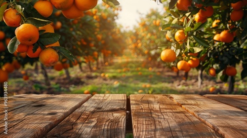 Empty wood table with free space over orange trees, orange field background. photo