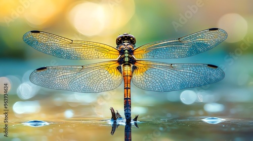 Close-up of a vibrant dragonfly gracefully spreading its delicate, transparent wings on a soft light background. Generative AI