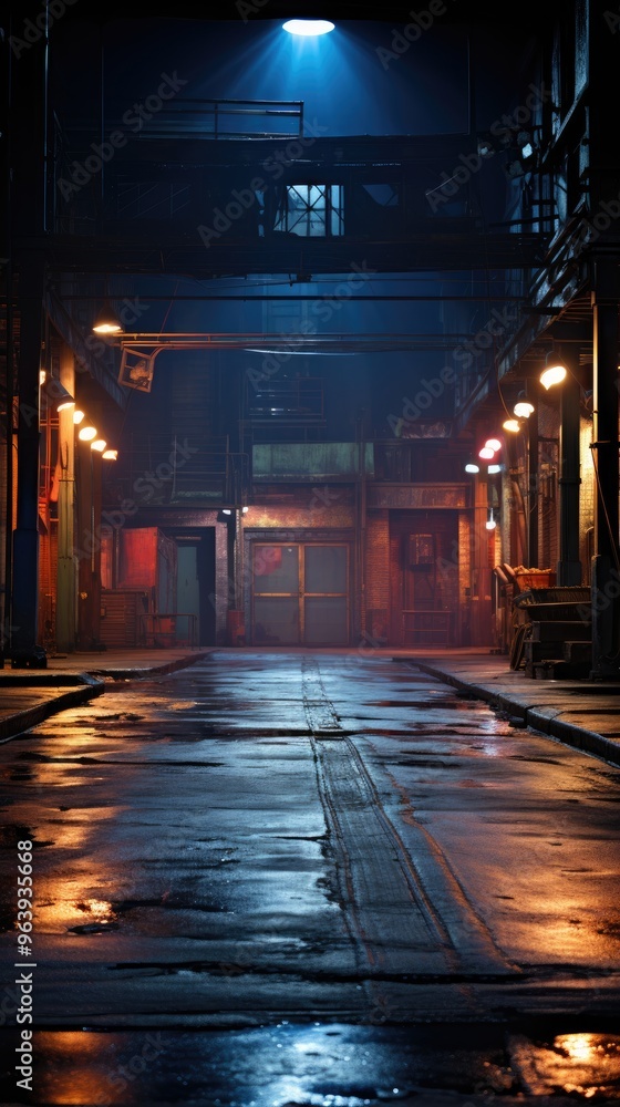 Naklejka premium Dark street, asphalt abstract dark blue background, empty dark scene, neon light, spotlights 