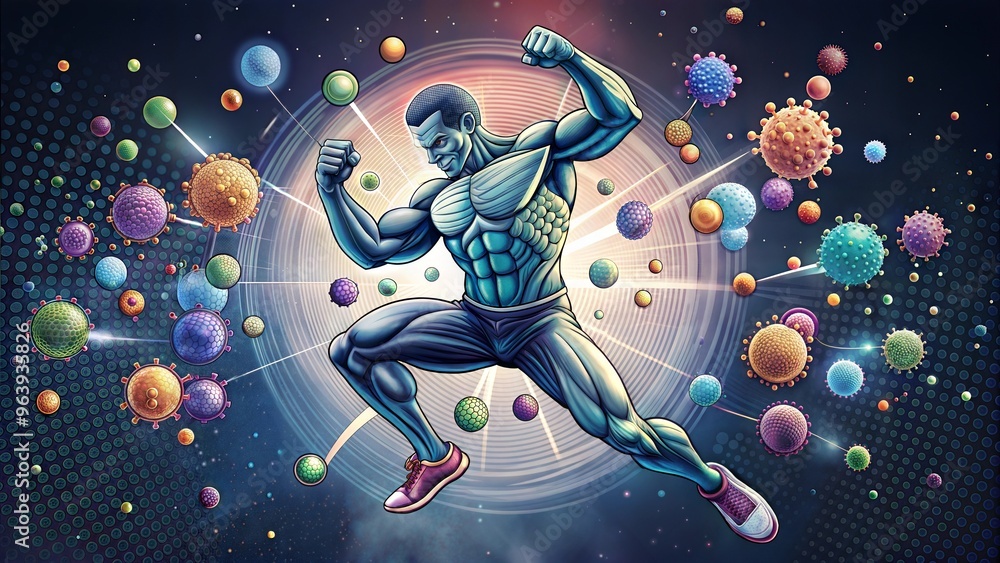 Naklejka premium Superhero fighting viruses, immune system boost and fitness strength concept