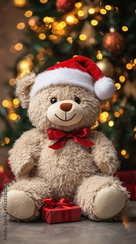 a soft and cuddly teddy bear dressed in a festive Santa hat a soft and cuddly teddy bear dressed in a festive Santa hat
