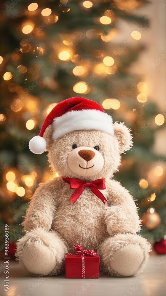 a soft and cuddly teddy bear dressed in a festive Santa hat a soft and cuddly teddy bear dressed in a festive Santa hat