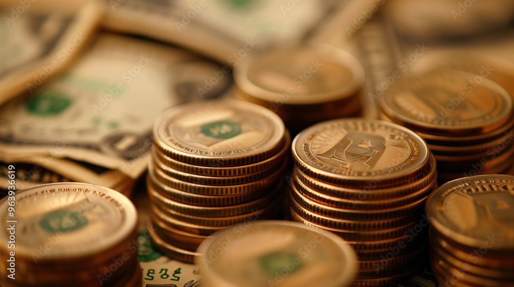 Stacks of shiny gold coins arranged in rows on a white surface. Stacks of shiny gold coins arranged in rows on a white surface.