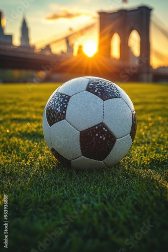 A soccer ball rests on green grass with the Brooklyn Bridge in the background. This image can be used for websites, articles, or social media posts related to sports, travel, and New York City. photo