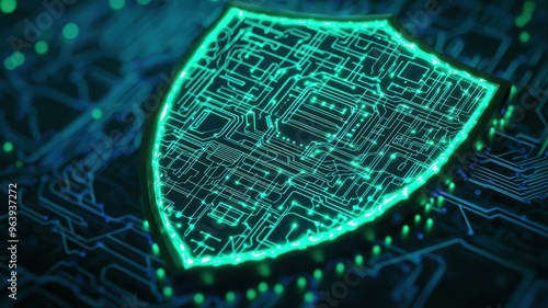 A shield icon made of circuit boards and glowing wires, representing encrypted networks, Tech, Green and blue, 3D rendering photo