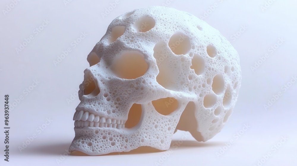 A detailed 3D-printed skull model showcasing intricate cavity patterns, captured in a clean, minimalistic setting. A detailed 3D-printed skull model showcasing intricate cavity patterns, captured in a clean, minimalistic setting.
