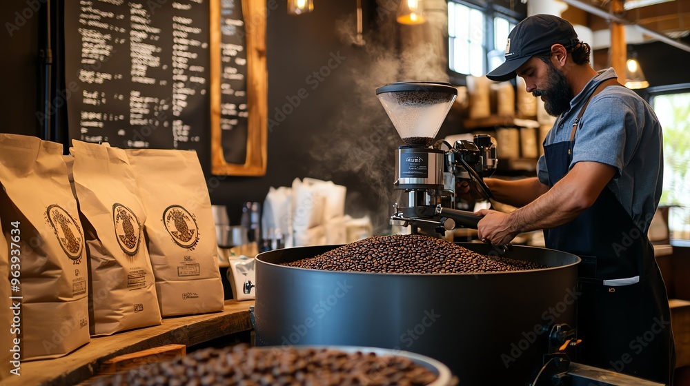 A man in a blue shirt and apron roasts coffee beans in a large metal roaster. A man in a blue shirt and apron roasts coffee beans in a large metal roaster.