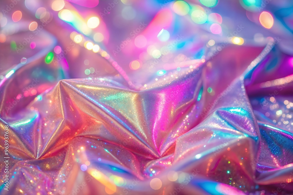 Vibrant spectrum gleaming iridescence with folded metallic textures and colorful bokeh Vibrant spectrum gleaming iridescence with folded metallic textures and colorful bokeh