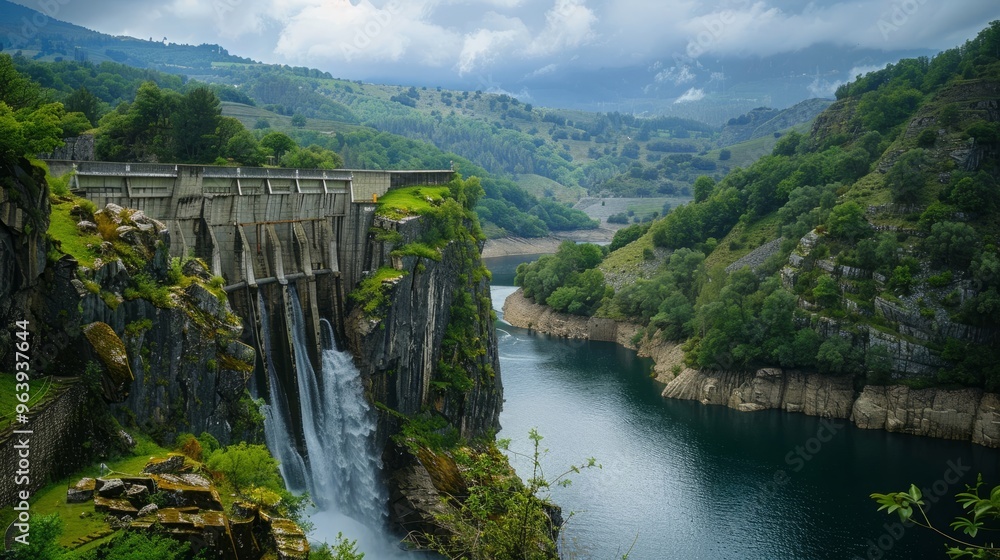 Green landscape surrounds the dam and water Green landscape surrounds the dam and water