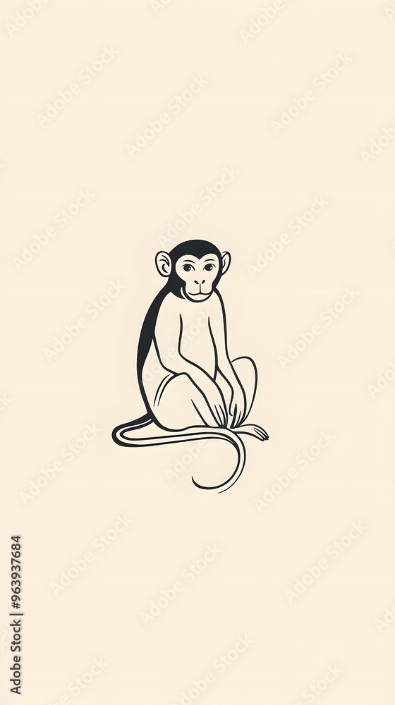 Black and White Line Drawing of a Sitting Monkey Black and White Line Drawing of a Sitting Monkey