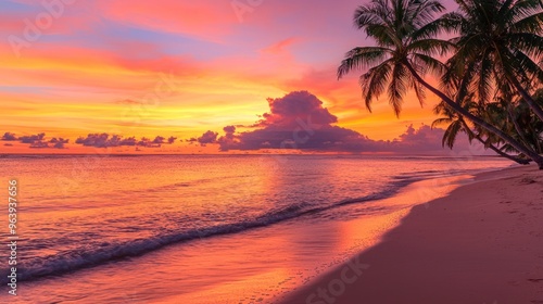 A serene tropical beach at sunset with vibrant orange and pink hues in the sky, palm trees swaying gently, and the ocean reflecting the colors.